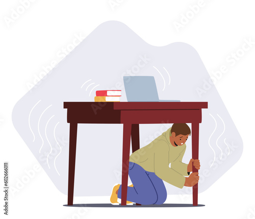 Fearful Man Hides Under Table For Safety During Earthquake. Character Seeking Protection From Collapsing Surroundings