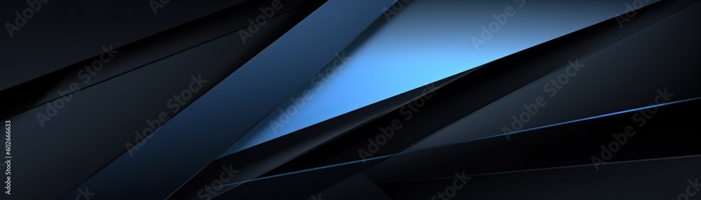 Black blue abstract modern background for design. Dark. Geometric shape. 3d effect. Diagonal lines, stripes. Triangles. Gradient. Light, glow. Metallic sheen. Minimal. Web banner. Wide. Panoramic