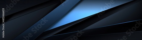 Black blue abstract modern background for design. Dark. Geometric shape. 3d effect. Diagonal lines, stripes. Triangles. Gradient. Light, glow. Metallic sheen. Minimal. Web banner. Wide. Panoramic