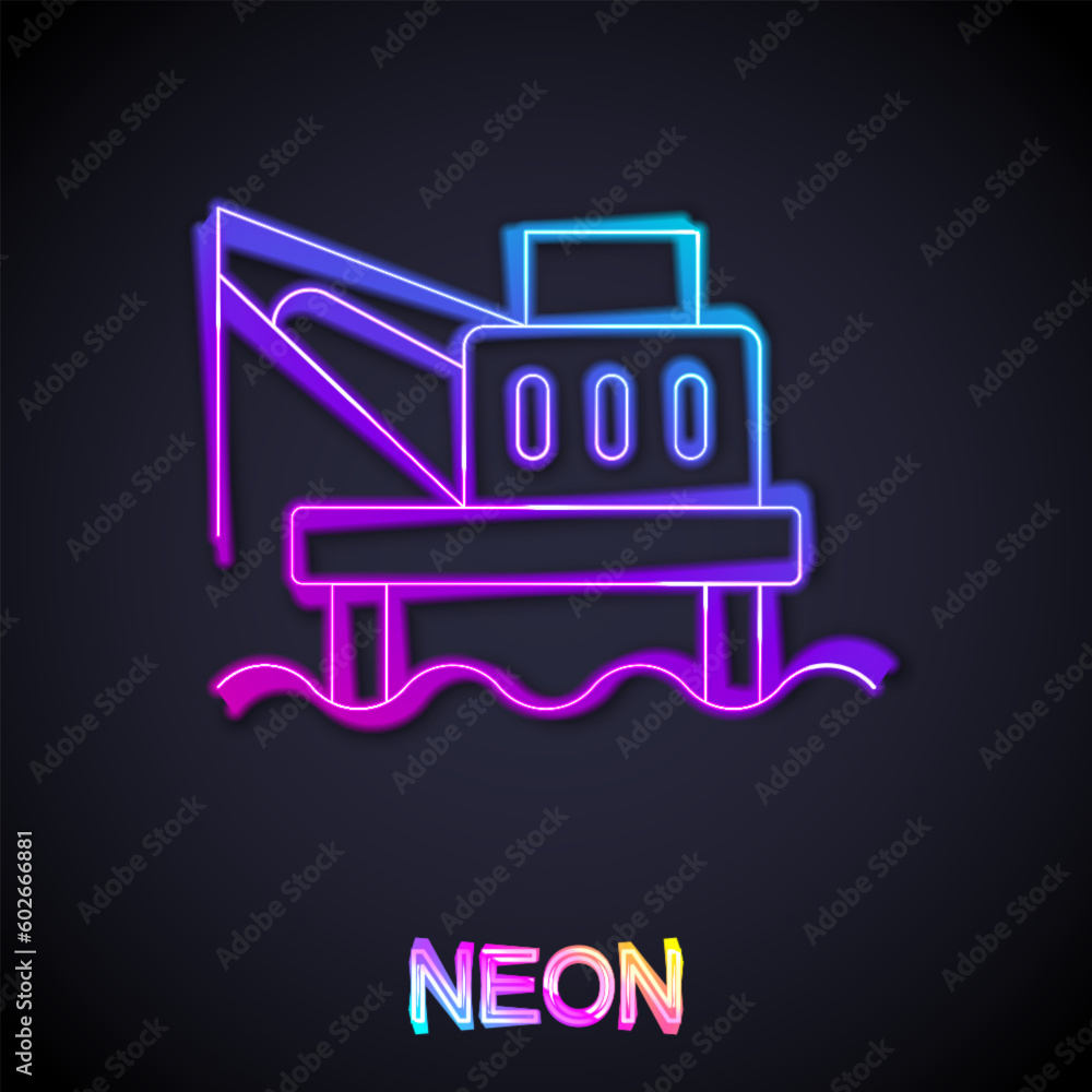 Glowing neon line Oil platform in the sea icon isolated on black background. Drilling rig at sea. Oil platform, gas fuel, industry offshore. Vector Glowing neon line Oil platform in the sea icon isolated on black background. Drilling rig at sea. Oil platform, gas fuel, industry offshore. Vector