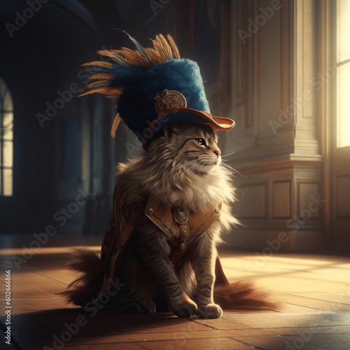 Kneeling anthropomorphic cat musketeer with a feather