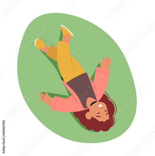 Top View of Little Girl Resting On Green Meadow, Enjoying Nature, Surrounded By Nature's Beauty, Cartoon Illustration