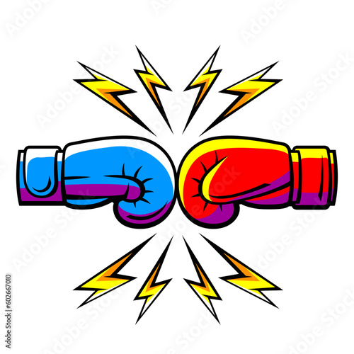 Emblem with boxing gloves. Box club label. Sport illustration in cartoon style.