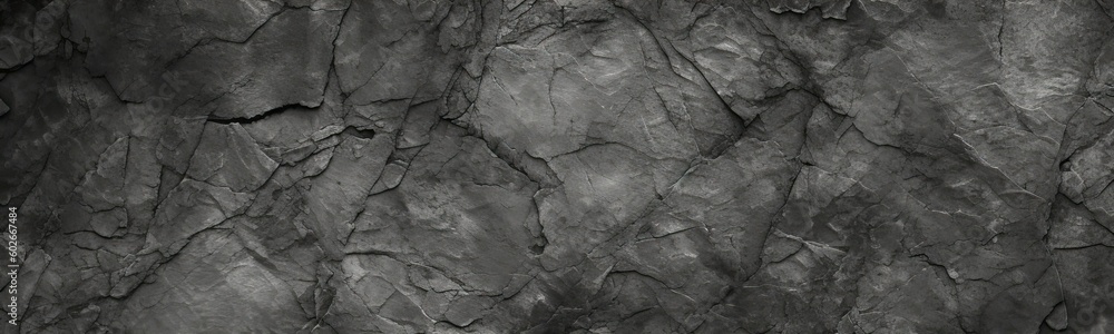 Naklejka premium Volumetric rock texture with cracks. Black stone background with copy space for design. Wide banner