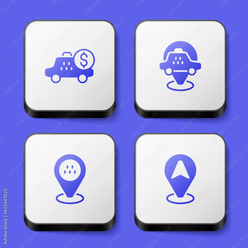 Set Taximeter device, Location taxi car, and icon. White square button. Vector Set Taximeter device, Location taxi car, and icon. White square button. Vector