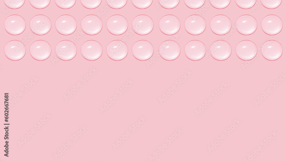 Drops of clear gel or water in rows. On a pink background.