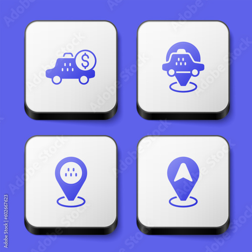 Set Taximeter device, Location taxi car, and icon. White square button. Vector