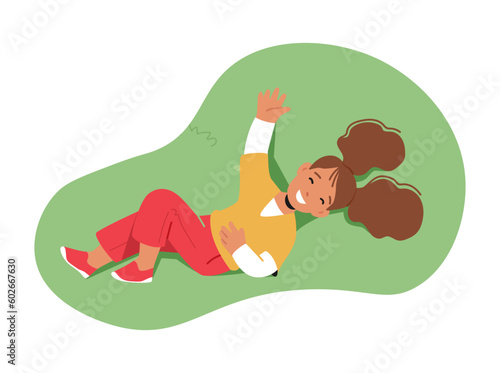 Little Girl Character Lying On Green Meadow, Surrounded By Nature, Enjoying Relax Top View, Feeling The Grass Beneath