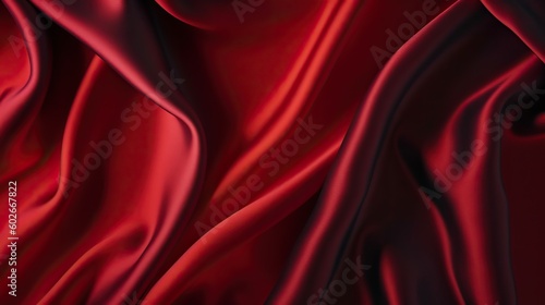 Black red silk satin. Beautiful soft folds. Shiny fabric.Dark luxury background with space for design. Christmas, Birthday, Valentine day, Valentine. Festive concept. Banner. Flat lay, Table top view