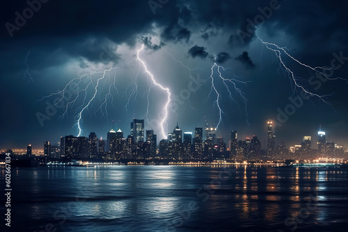 Lightning strikes the skyline of a city in a thunderstorm. Composite with different elements made with generative AI