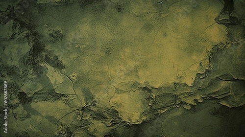 Brown green old concrete wall surface. Dark olive color. Close-up. Rough background for design. Distressed, cracked, broken, crumbled