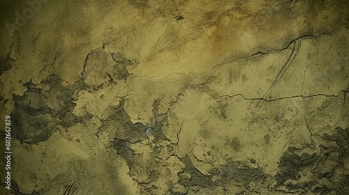 Brown green old concrete wall surface. Dark olive color. Close-up. Rough background for design. Distressed, cracked, broken, crumbled