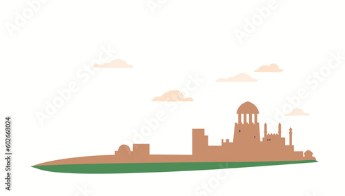 Silhouette Of An Ancient City With Tall Buildings And Towers Against a Sunset Sky. The City Exudes An Aura Of Mystery