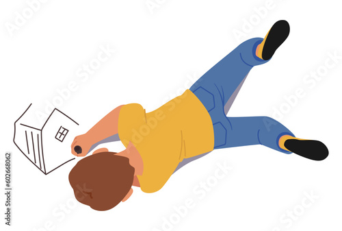 Little Boy with Pencil Enjoy Drawing Recreation. Kid Painting, Baby Character Create Pictures Lying on Floor Top View