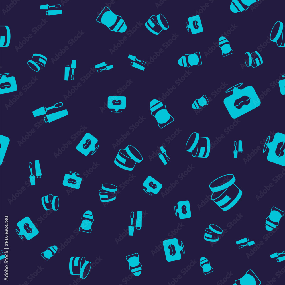 Set Mascara brush, Smiling lips, Deodorant roll and Cream lotion cosmetic tube on seamless pattern. Vector Set Mascara brush, Smiling lips, Deodorant roll and Cream lotion cosmetic tube on seamless pattern. Vector