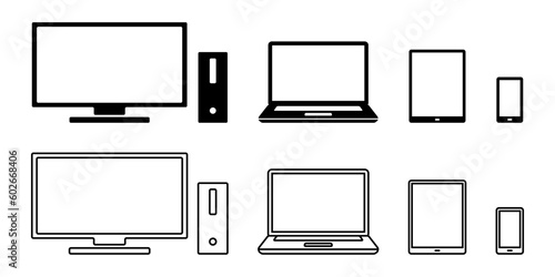 白黒のノートパソコン、タブレット、スマートフォンのベクターアイコンイラスト素材セット