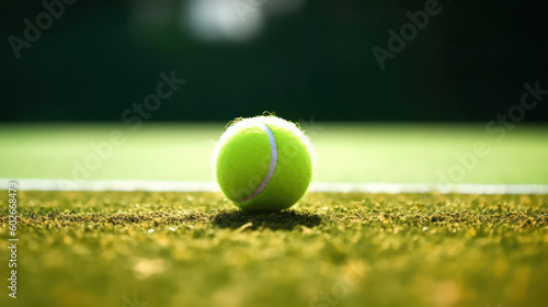 Tennis ball on tennis grass court with soft focus. Tennis tournament concept wallpaper background. Generative AI © Bartek