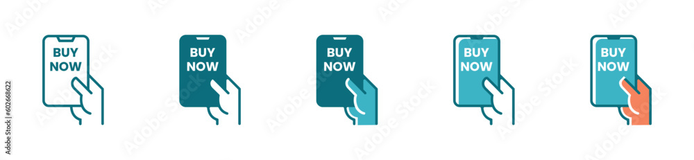 online shop buy now icon set with hand or pointer clicking the button in mobile app vector design online shop buy now icon set with hand or pointer clicking the button in mobile app vector design