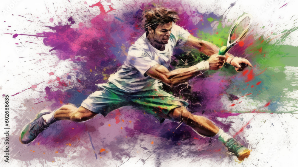 Dynamic Tennis Action: Male Player Jumping with Paint Splashes. Generative AI