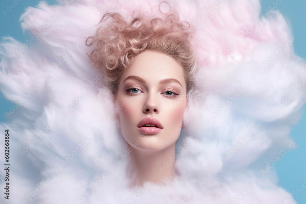 A creative portrait of a young woman with curly hair.  Delicate woman's face in a dreamy candy cloud. Head over clouds. Generative AI
