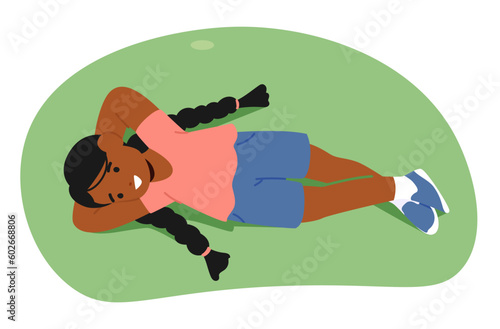 Little African American Girl with Pigtails, Peacefully Lying On A Green Meadow View From Above, Vector Illustration