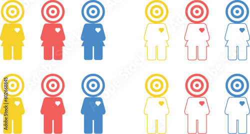 Female male target audience illustration. Yellow, red blue colors, with heart icon, character, line version