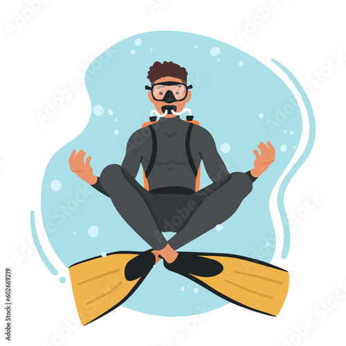 Diver Character Float in Lotus Yoga Pose, Achieving Inner Balance And Harmony Underwater, Vector Illustration