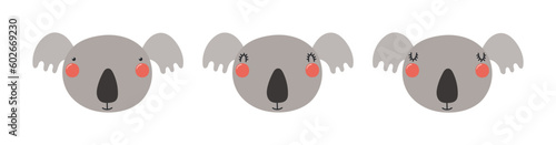 Cute funny koala faces illustrations set. Hand drawn cartoon character. Scandinavian style flat design, isolated vector. Kids print element, poster, card, wildlife, nature, baby animals