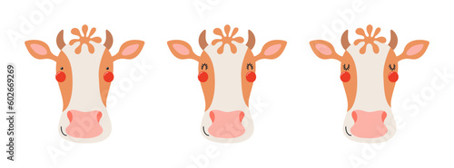 Cute funny cow faces illustrations set. Hand drawn cartoon character. Scandinavian style flat design, isolated vector. Kids print element, poster, card, wildlife, nature, baby animals