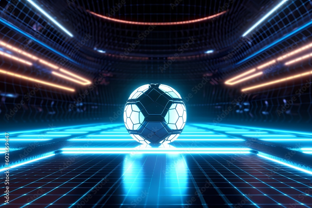 Futsal ball poster concept in the center of a futuristic indoor soccer field or stadium with glowing neon tubes lines background. 3D style. Generative Ai.