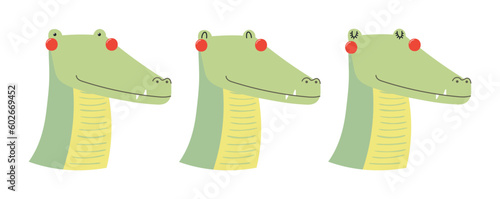 Cute funny crocodile faces illustrations set. Hand drawn cartoon character. S...