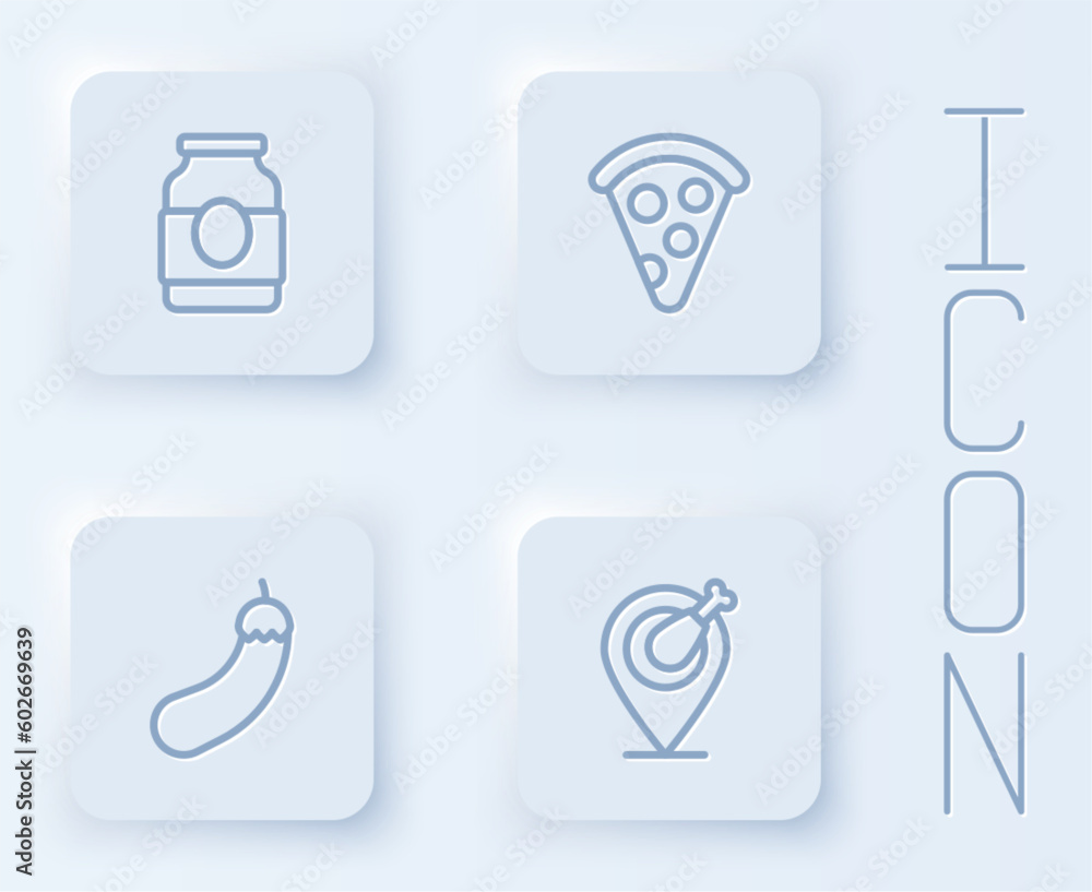 Set line Jam jar, Slice of pizza, Eggplant and Chicken leg. White square button. Vector Set line Jam jar, Slice of pizza, Eggplant and Chicken leg. White square button. Vector