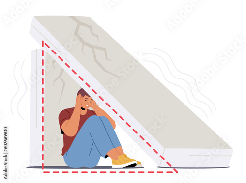 Fearful Man Hiding Under Concrete Slab For Safety During Earthquake. Male Character Frantic, Vulnerable, Seeking Refuge