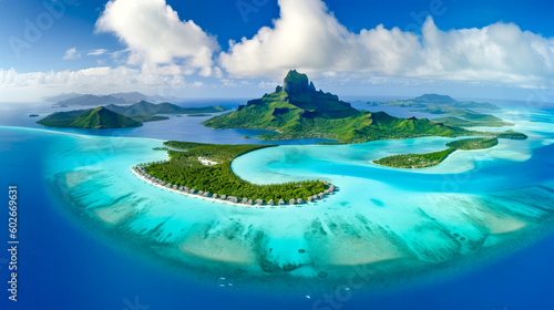Aerial view of beautiful island with white sand and turquoise ocean. Bora Bora, French Polynesia, island of Mauritius in the Indian Ocean. Panoramic aerial view of a small. Generated AI