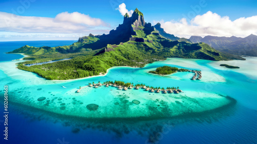 Aerial view of beautiful island with white sand and turquoise ocean. Bora Bora, French Polynesia, island of Mauritius in the Indian Ocean. Panoramic aerial view of a small. Generated AI