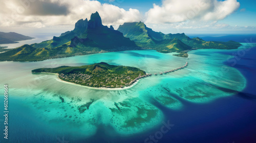 Aerial view of beautiful island with white sand and turquoise ocean. Bora Bora, French Polynesia, island of Mauritius in the Indian Ocean. Panoramic aerial view of a small. Generated AI