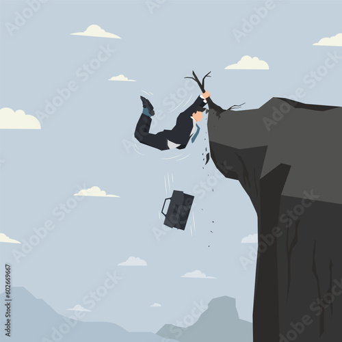 Businessman hanging on tip of cliff vector illustration