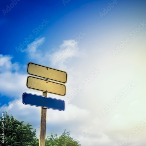 Blank wooden signpost with blue sky background and copy space. Generated AI
