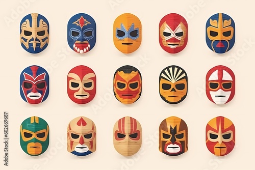 Lucha libre, set of luchador mexican wrestling masks icons. Generative Ai. photo