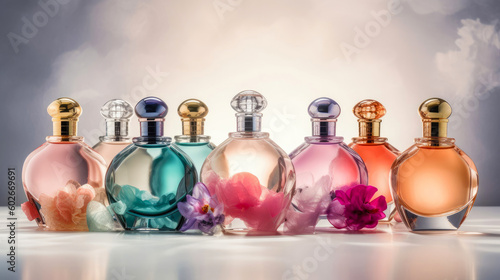 Perfume bottles with flowers on the table. 3d illustration Beautiful perfume bottles. Selective focus. Perfume bottles with flowers on a light background. 3d rendering. Generated AI
