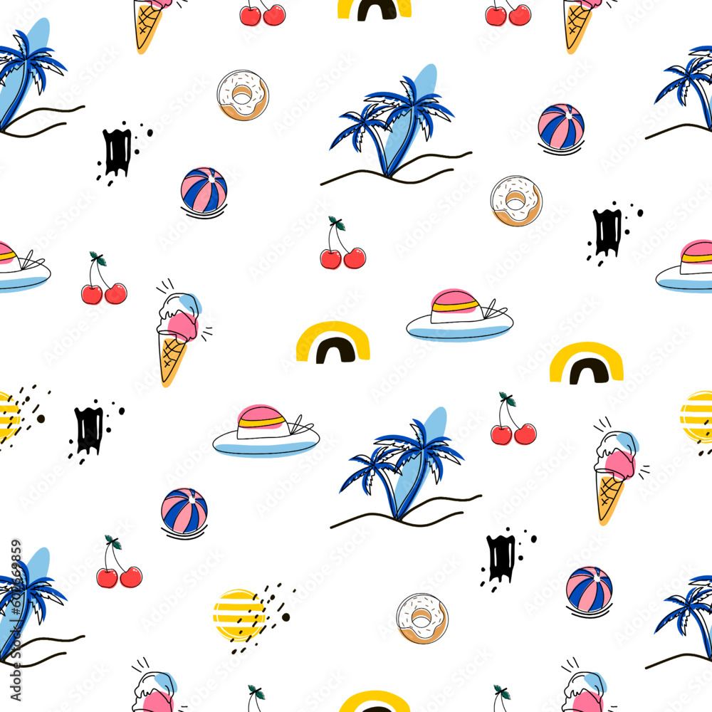 Tropical beach vibe.Vector about Summer pattern.Pattern summer with ice-cream,Cherry,Ball coconut tree,Design for fabric print,Cover book,Kids