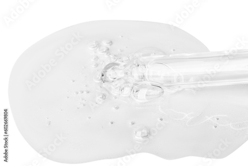 A flowing transparent gel from an eyedropper.  Large droplet with bubbles of gel. No background. PNG