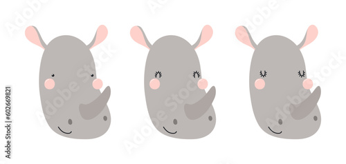 Cute funny rhino faces illustrations set. Hand drawn cartoon character. Scandinavian style flat design, isolated vector. Kids print element, poster, card, wildlife, nature, baby animals