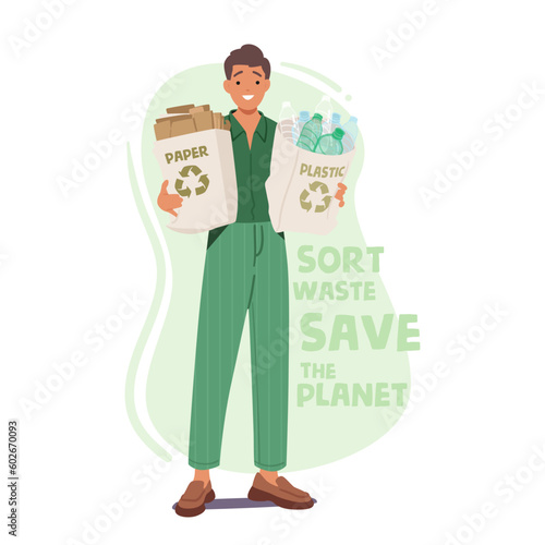 Man Holding Eco Bags With Sorted Paper And Plastic, Promoting Recycling And Environmental Consciousness