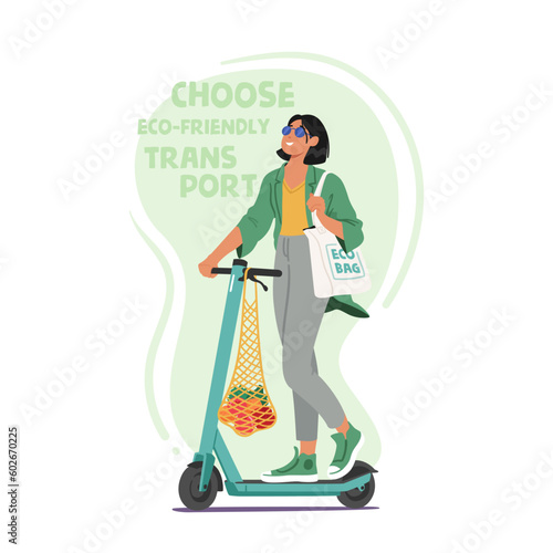 Woman Embraces Sustainability With Eco Bag And Eco Transport. Young Stylish Female Character Promoting Green Living