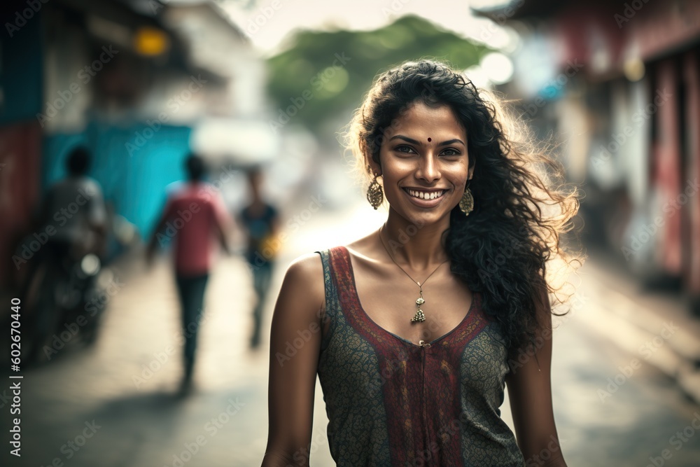 indian woman in traditional clothing smiles for the camera in street portrait. Ai generated.