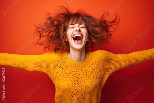 young woman with yellow sweater gands up on pink background