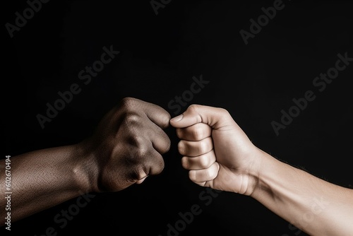 Two fists of white person and another black, come together concept of interracial. Ai generated.