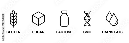 Lactose, Sugar, Gluten, GMO, Trans fats vector icon set. Food packaging decoration element for healthy natural organic nutrition. Organic allergy ingredient line symbol