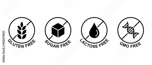 Lactose, Sugar, Gluten, GMO free vector icon set. Food packaging decoration element for healthy natural organic nutrition. Vector illustration
